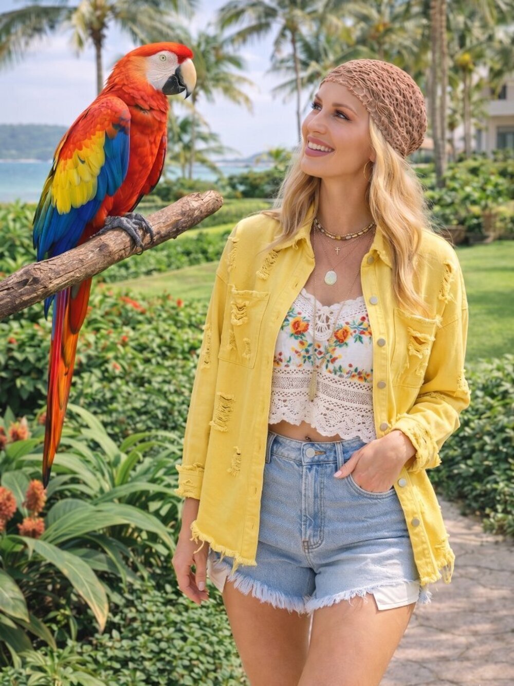 Lemon Yellow Distressed Cotton Denim Boho Coastal Cowgirl Shacket Jacket Large - Picture 9 of 14
